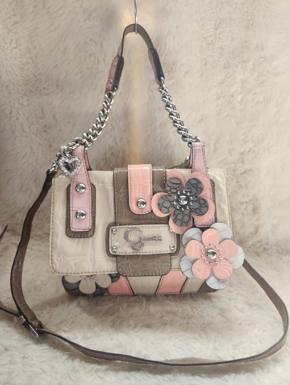 Vintage Y2K Guess Croc Embossed Floral Rhinestone Charm Shoulder Bag McBling